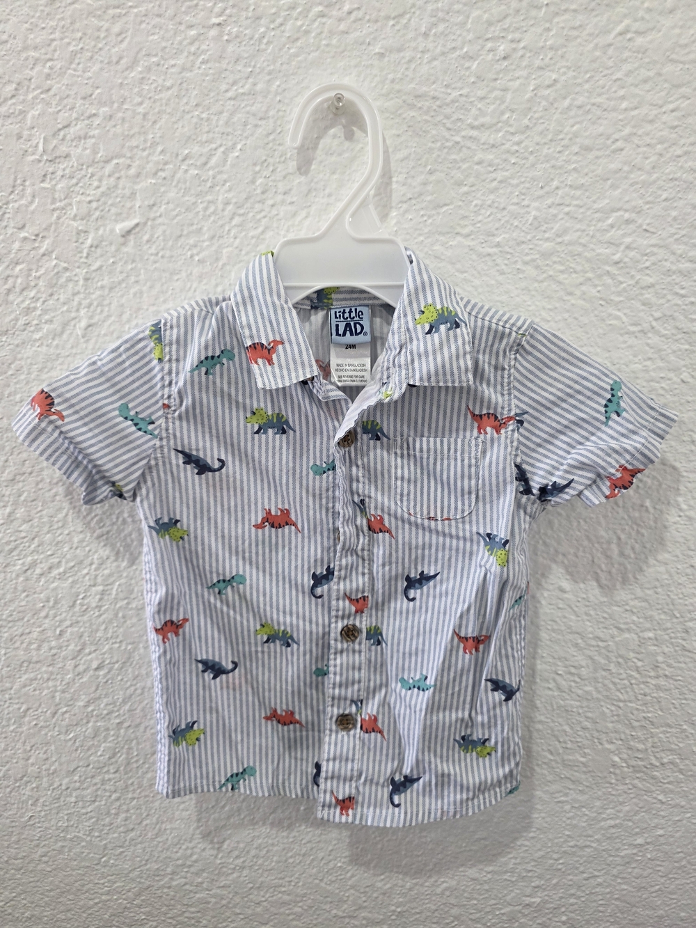 Little Lad Short-Sleeve Dino Button-Down Shirt - White/Light Blue